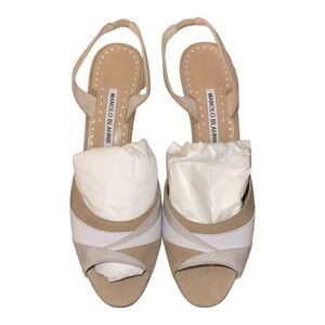 NEW Manolo Blahnik Meteora 50mm Beige/Tan/White Slingback Suede Sz 40.5